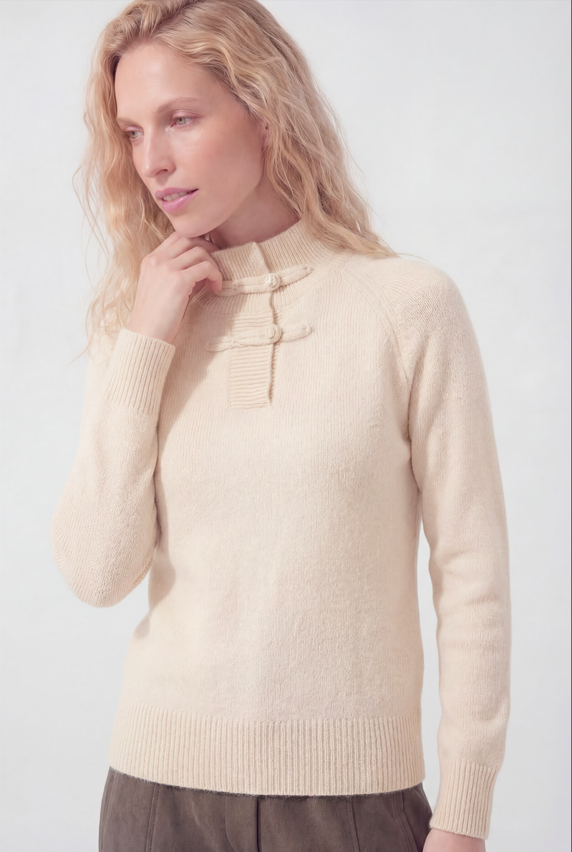 Mandarin Buckle Merino Sweater, Oat