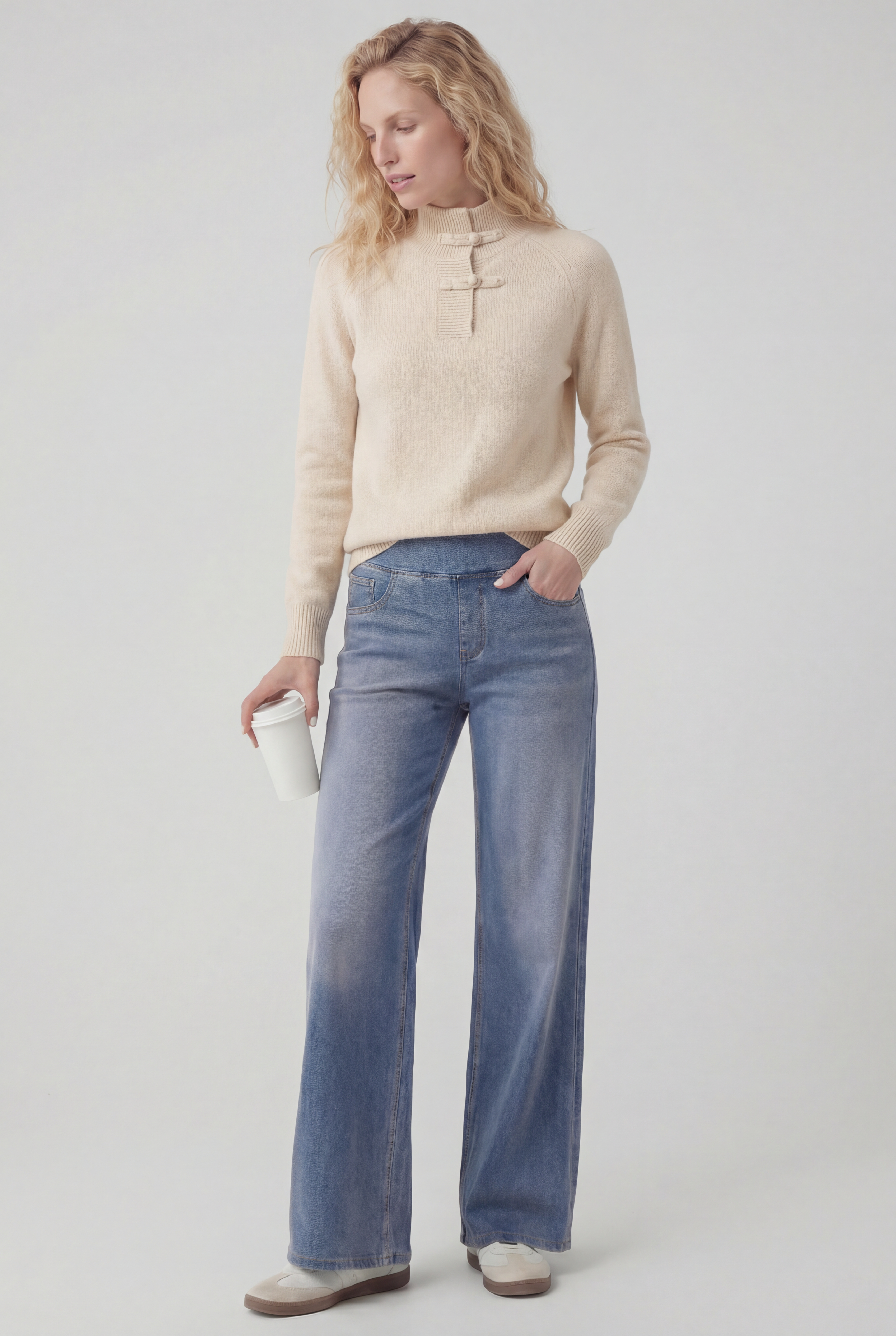 Mandarin Buckle Merino Sweater, Oat