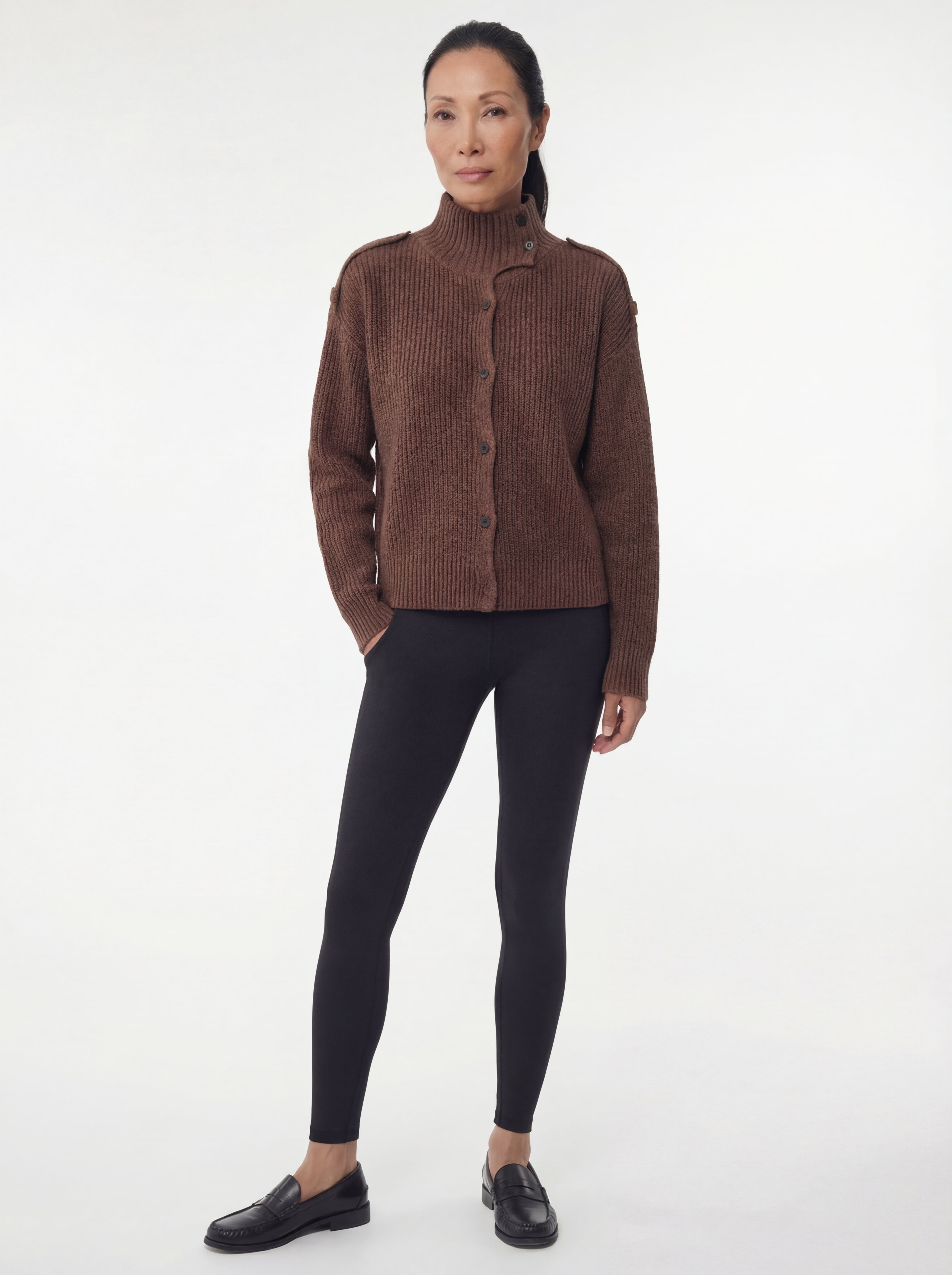Ribbed High Collar Cardigan, Earth