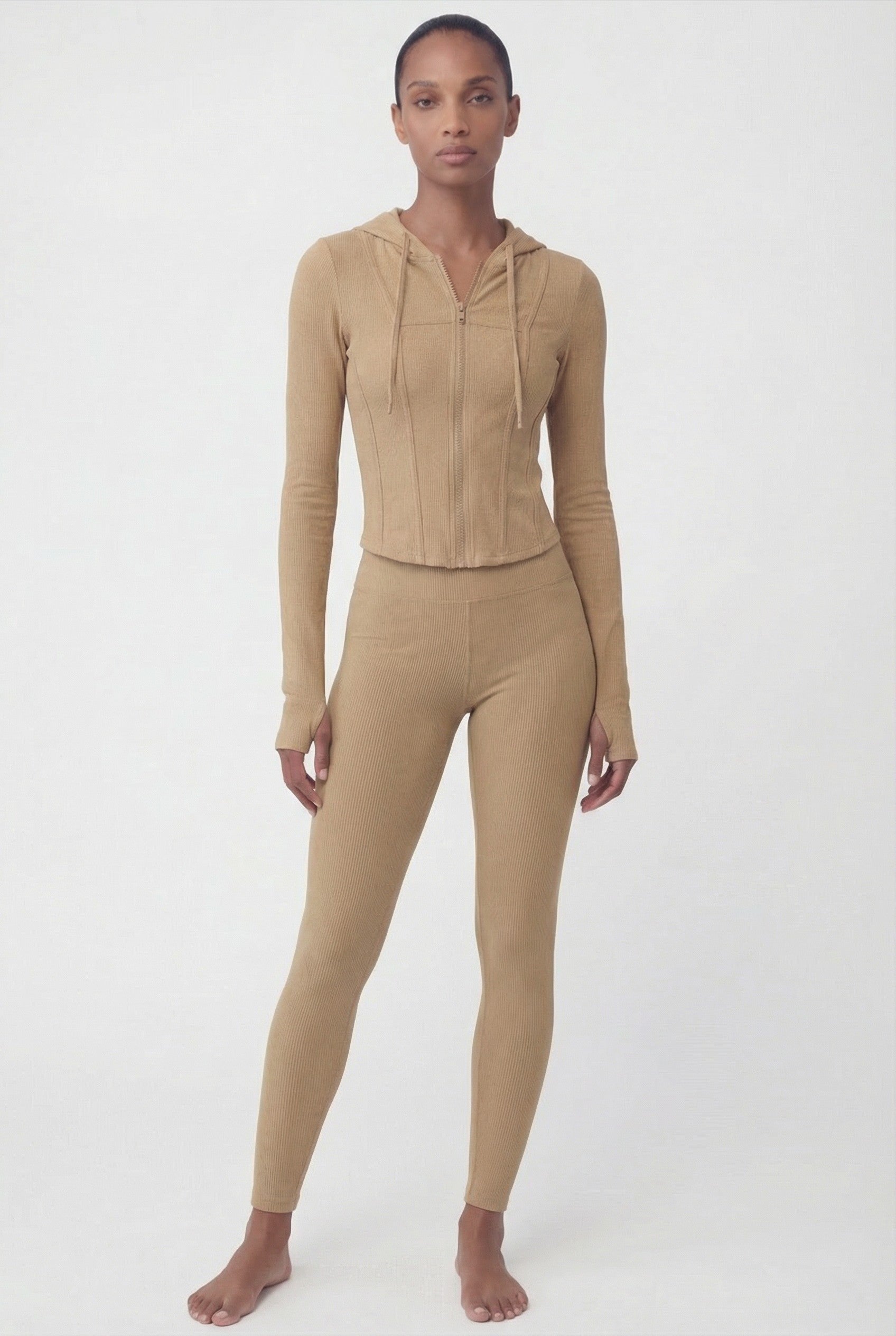 RibFlex® Cropped Ribbed Hoodie, Khaki