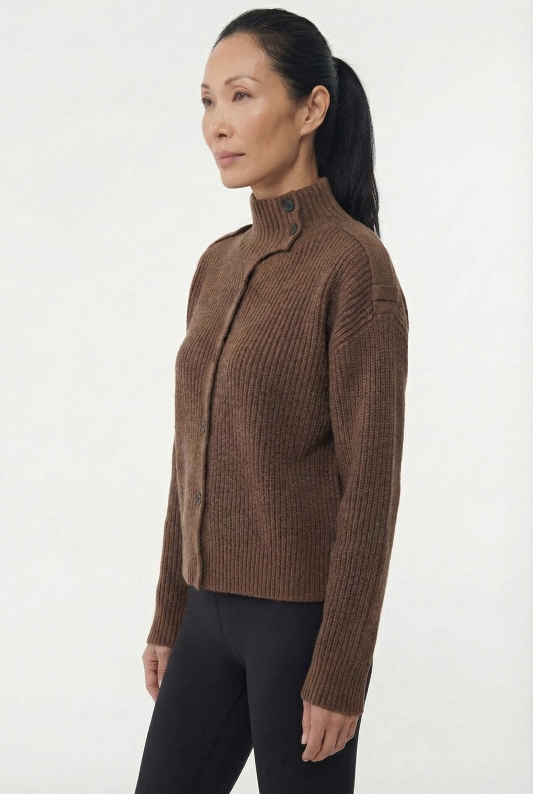 Ribbed High Collar Cardigan, Earth